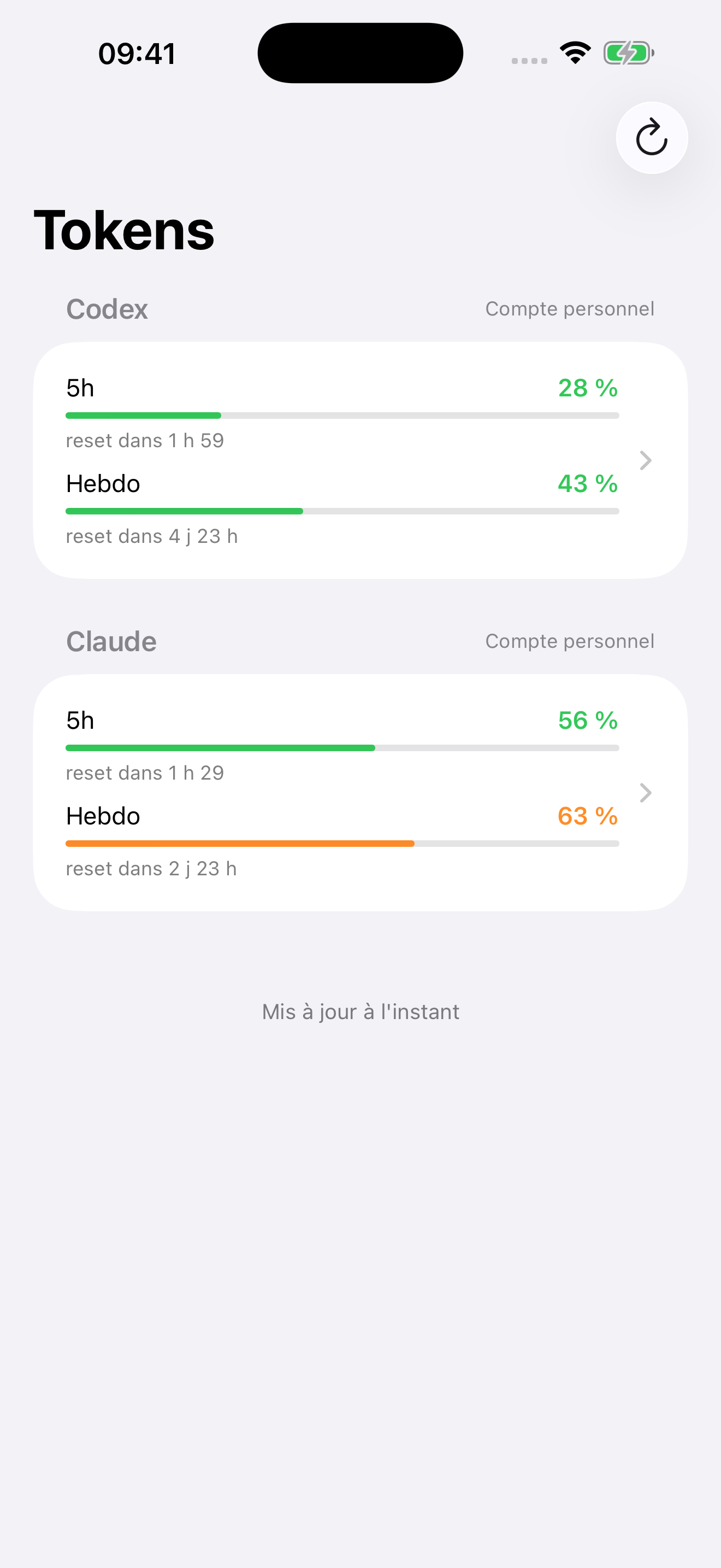 Tokens sur iPhone : quotas Codex et Claude